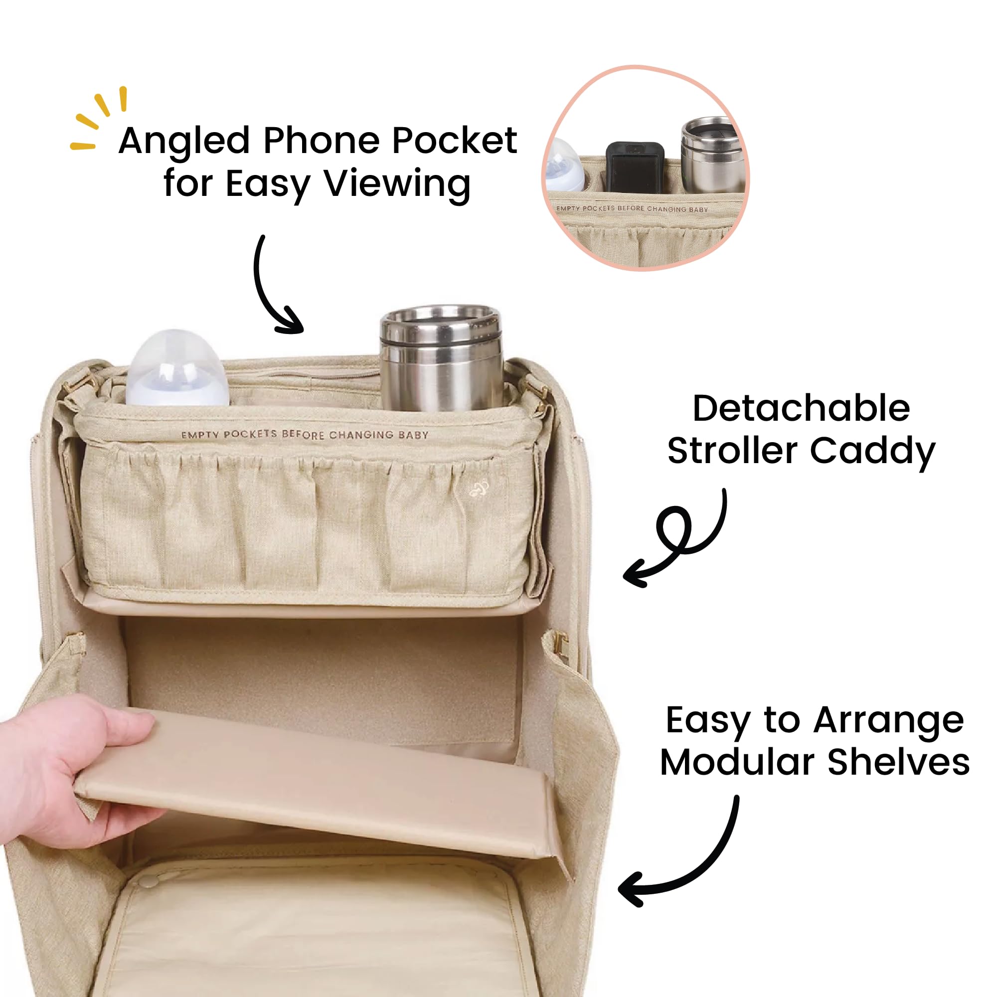 Lulyboo Convertible Diaper Bag Backpack angled cell phone storage for easy viewing.