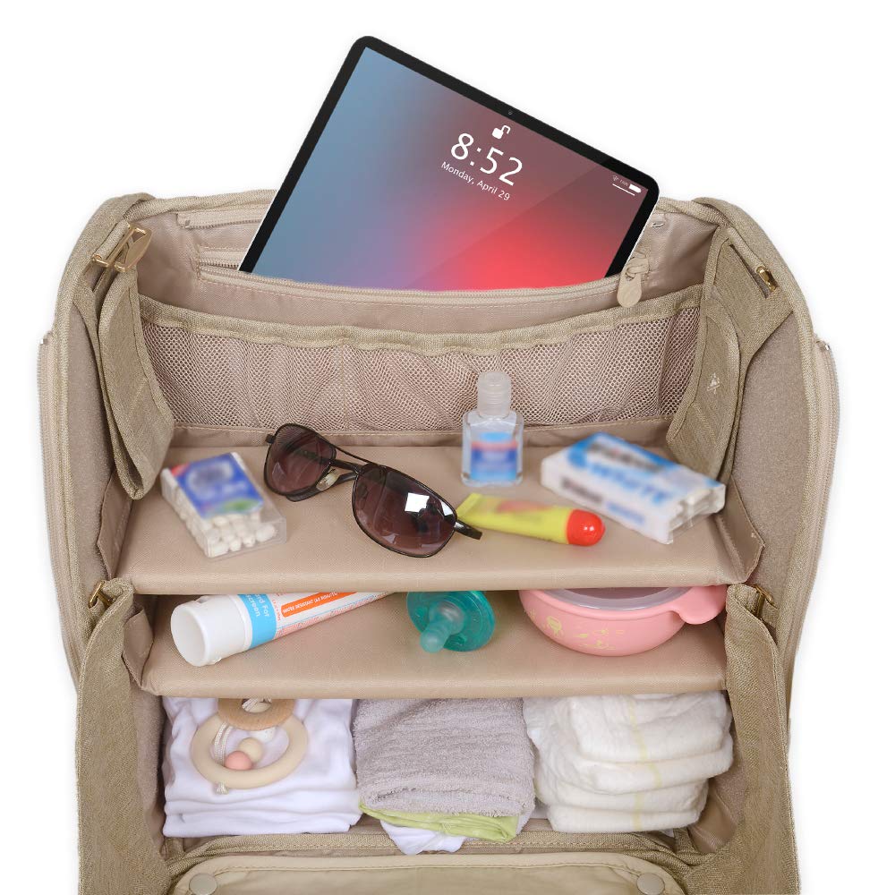 Lulyboo Convertible Diaper Bag Backpack removable caddy keeps drinks and essentials accessible.