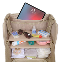 Lulyboo Convertible Diaper Bag Backpack removable caddy keeps drinks and essentials accessible.