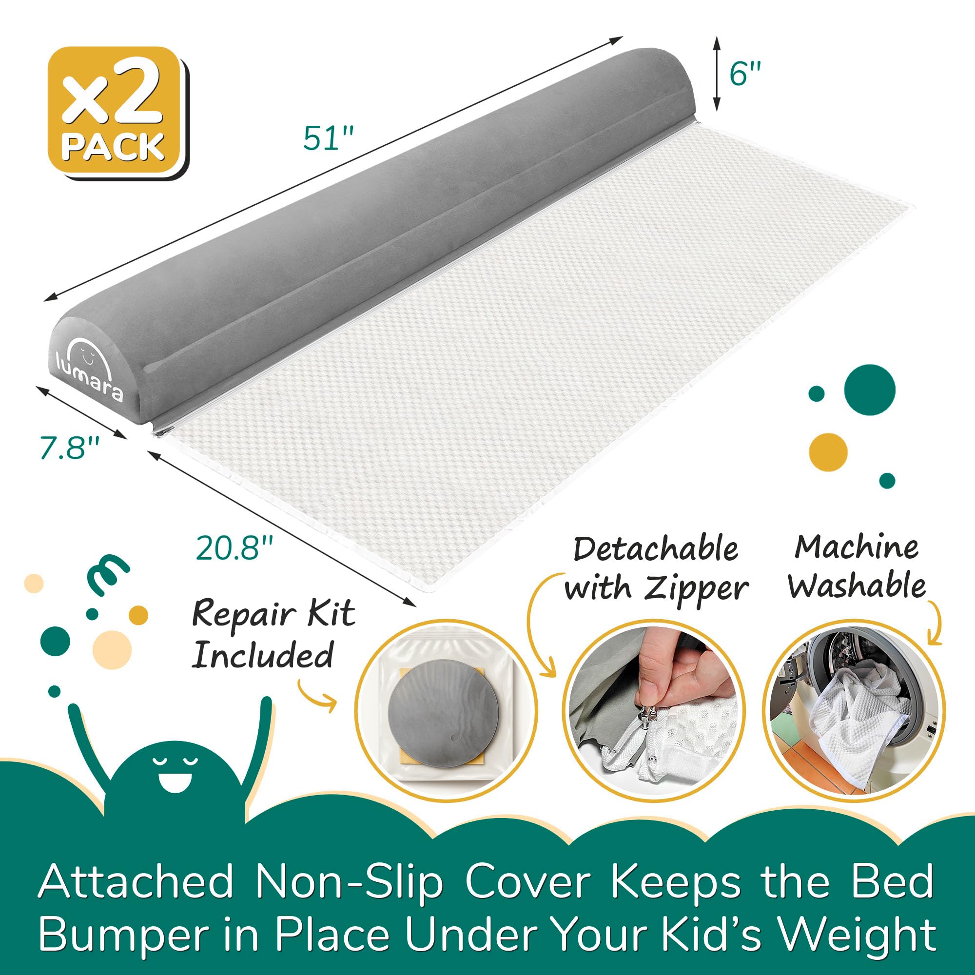 LUMARA bed rail fit visual twins shows compatibility with multiple bed sizes for flexible use.