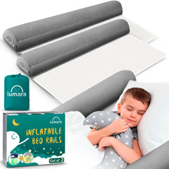 LUMARA inflatable bed rail two-pack setup showing quick inflation for travel convenience.