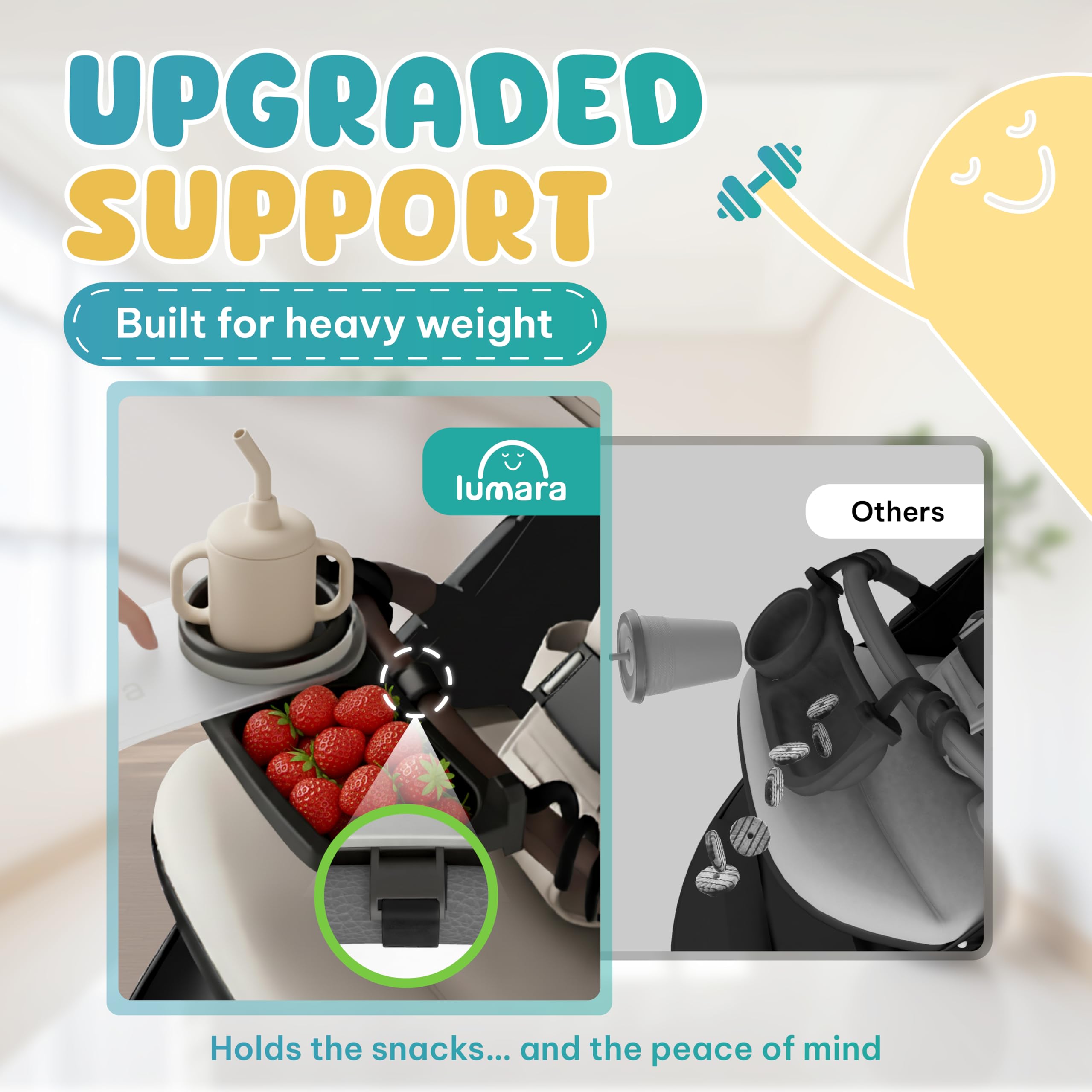 LUMARA secure clip-on attachment shows quick, secure setup on various stroller types.