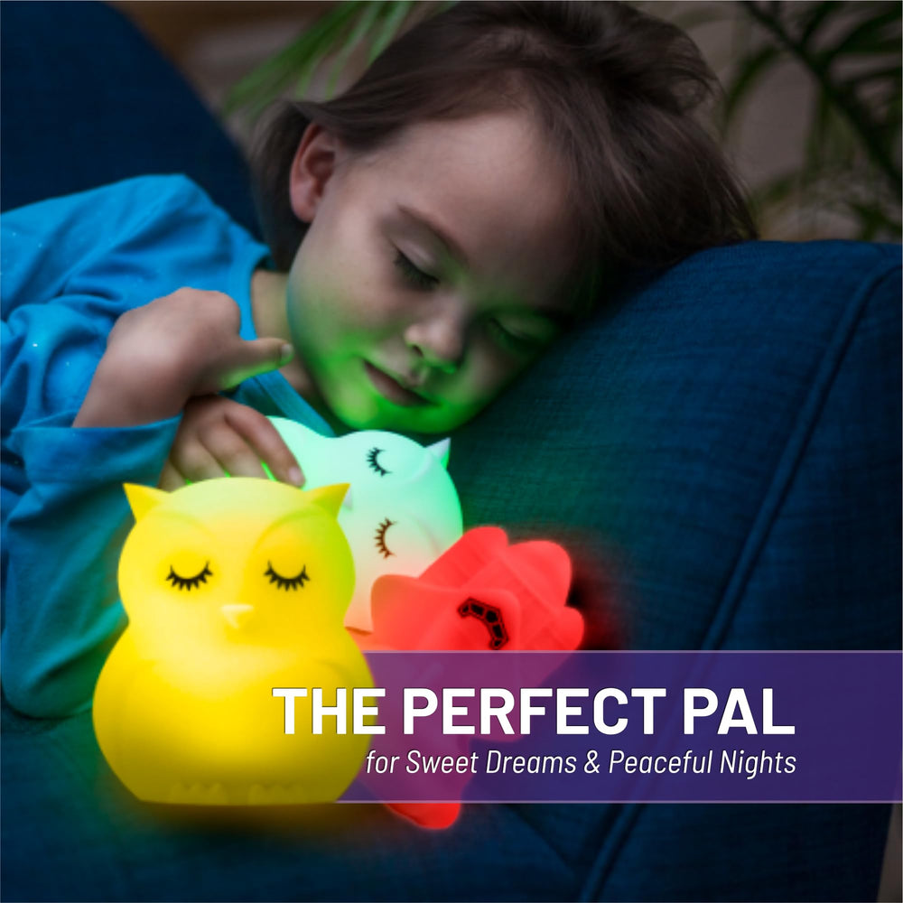 Lumipets Junior Owl night light with blue glow creates soothing nighttime mood.