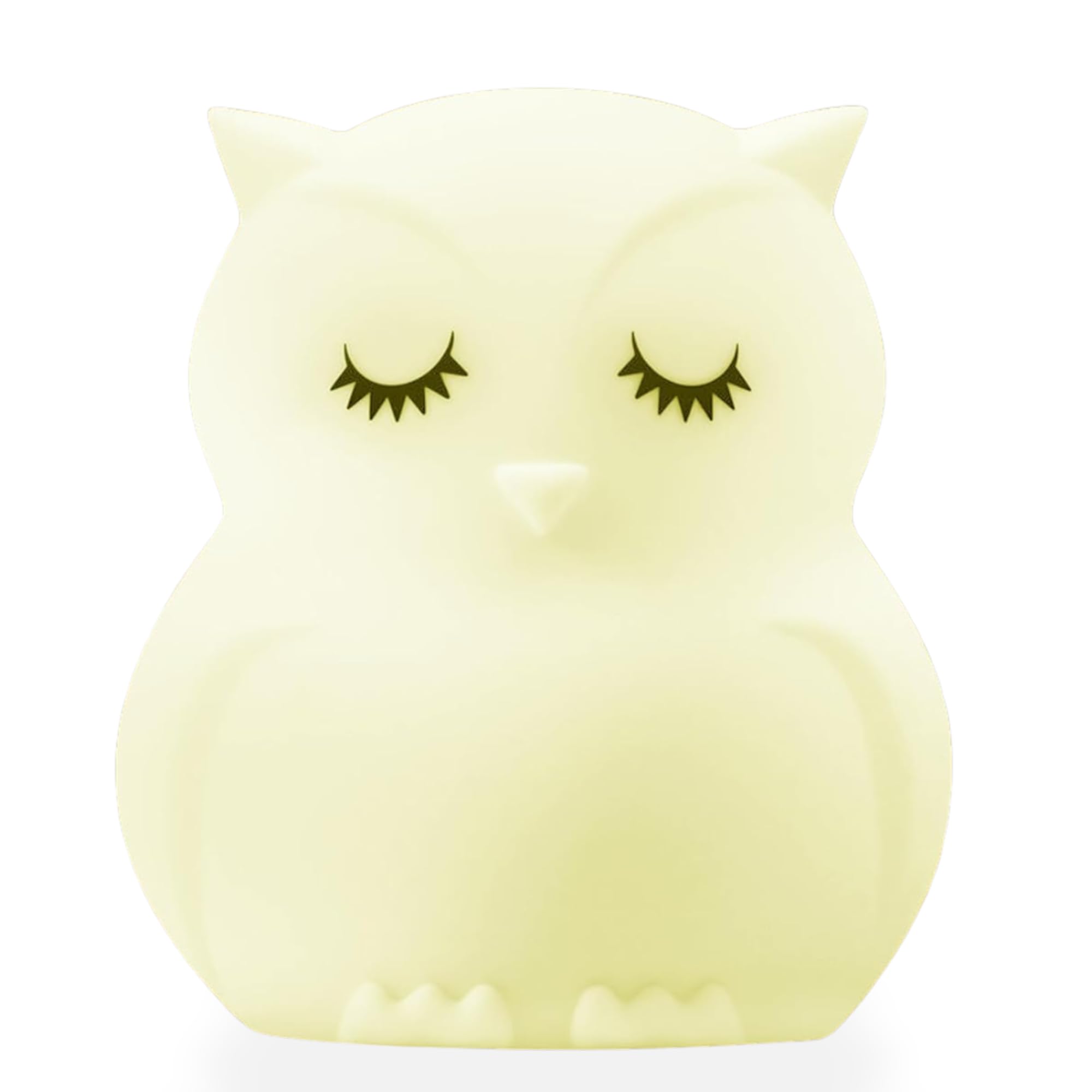 Lumipets Junior Owl night light glows softly on bedside table for bedtime calm.