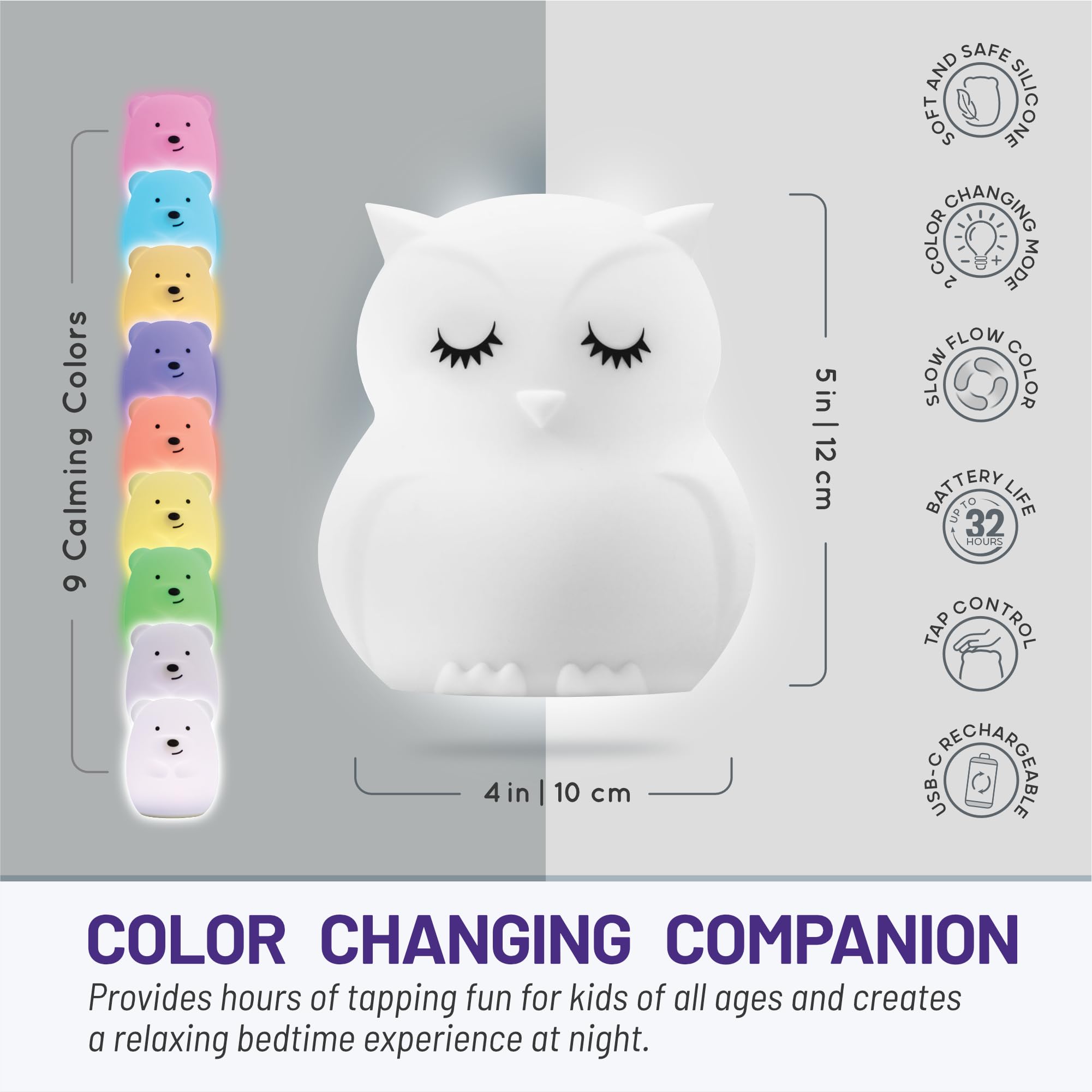 Lumipets rechargeable night light powers long sessions up to 32 hours.