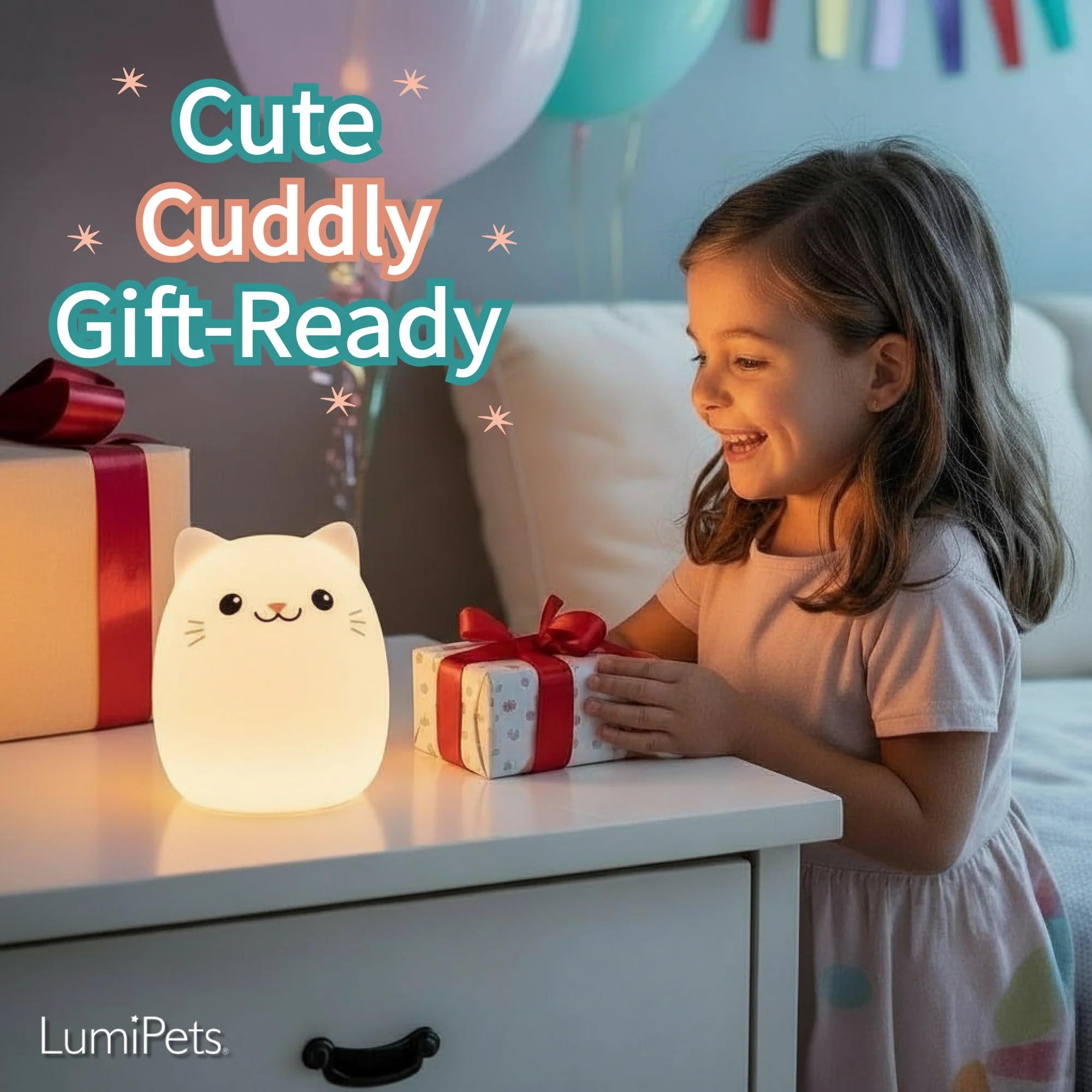 Lumipets Clive cat touch-control night light in soft silicone for easy color changes