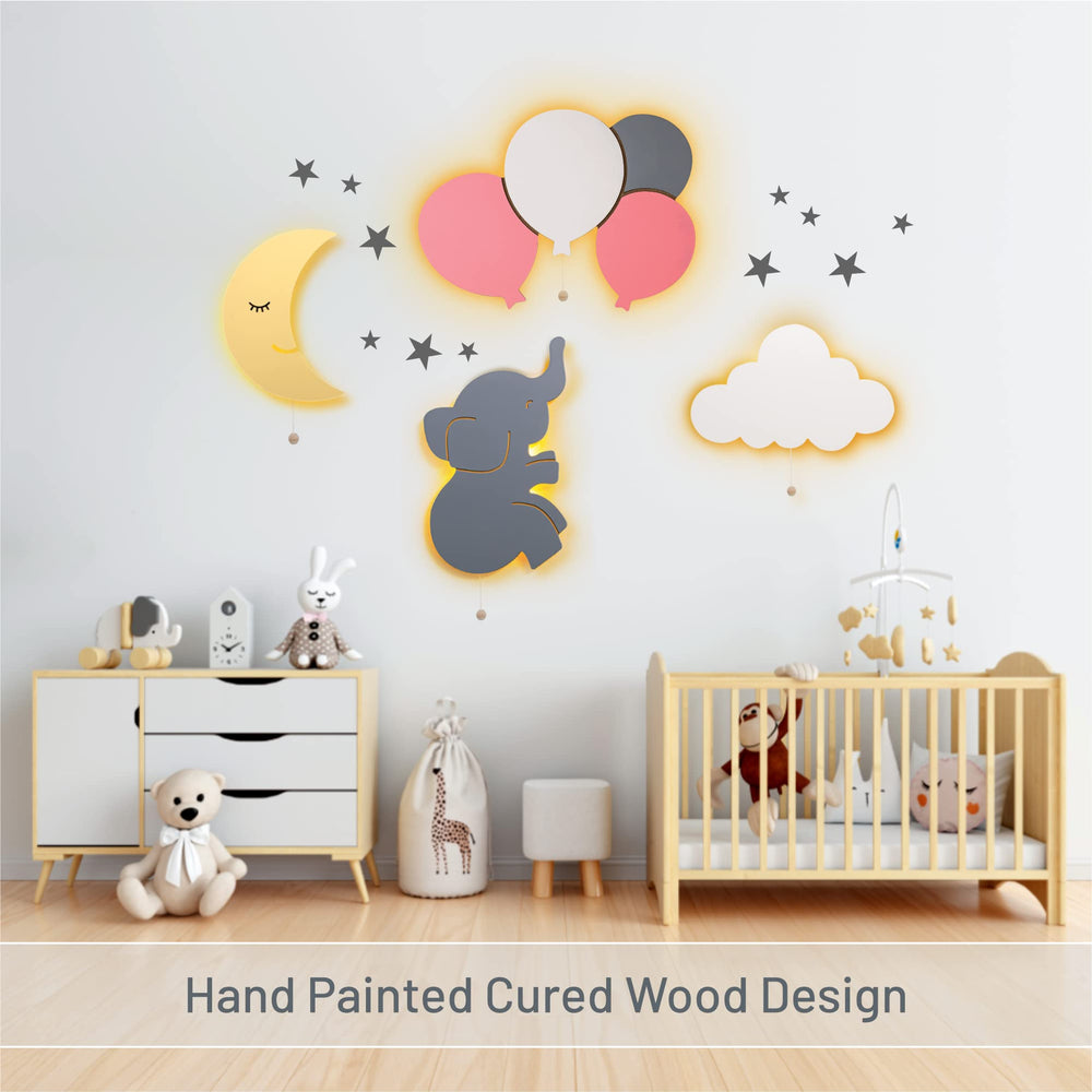 Lumipets Cloud Nursery Decor balloon light glow enhances a cozy kids' room mood.