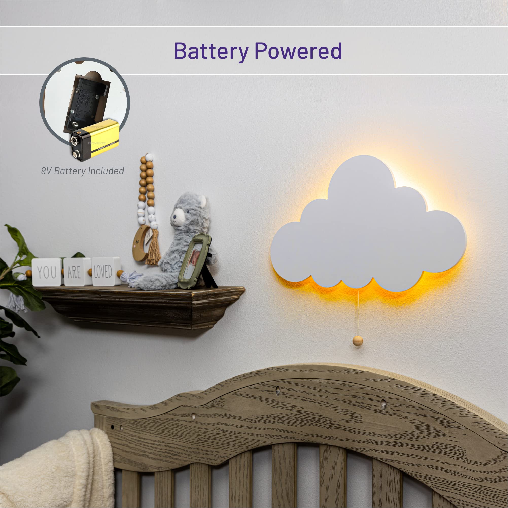 Lumipets Cloud Nursery Decor battery-operated light for cordless wall installation.