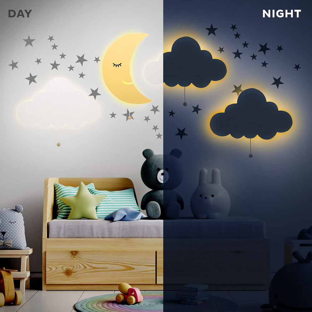 Lumipets Cloud Nursery Decor hand-painted wood adds charming bedside ambience.