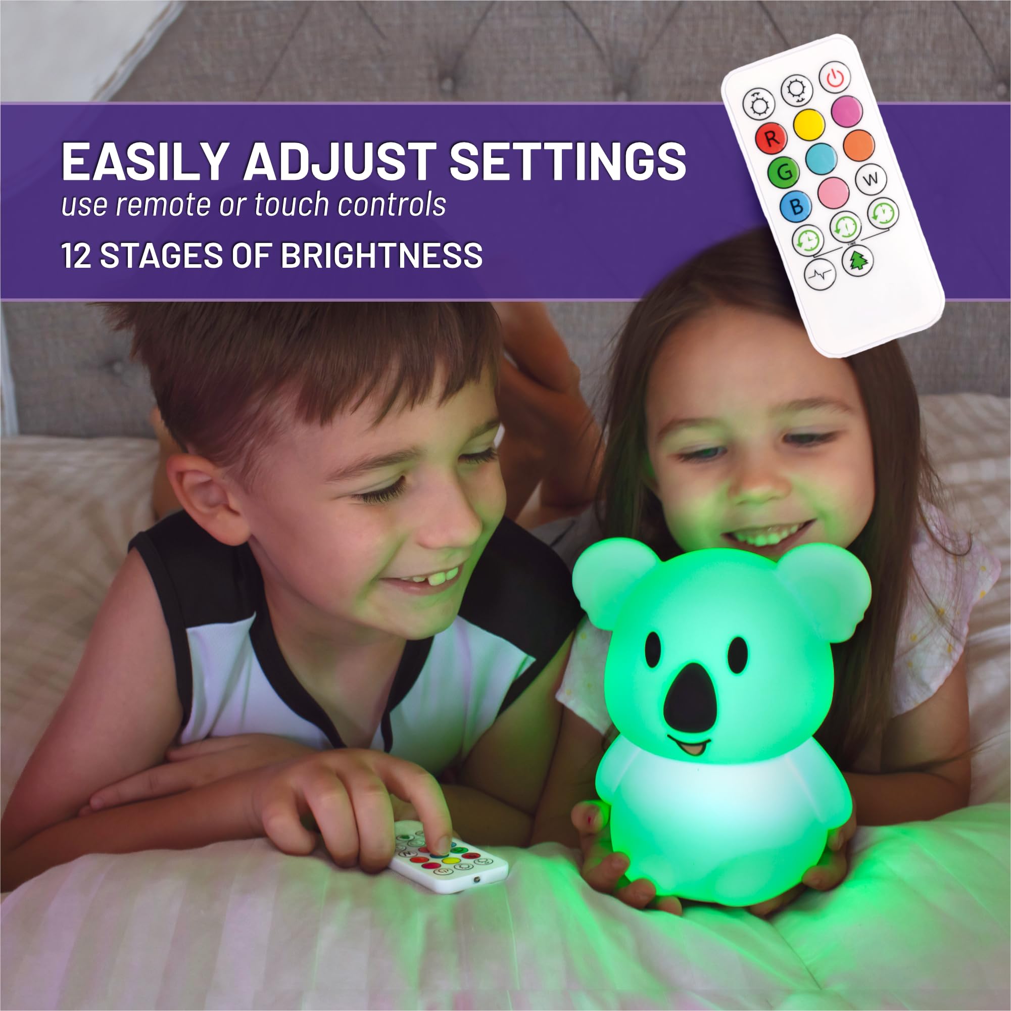 Keith Koala color-changing modes showcased with nine hues for playful or soothing lighting.