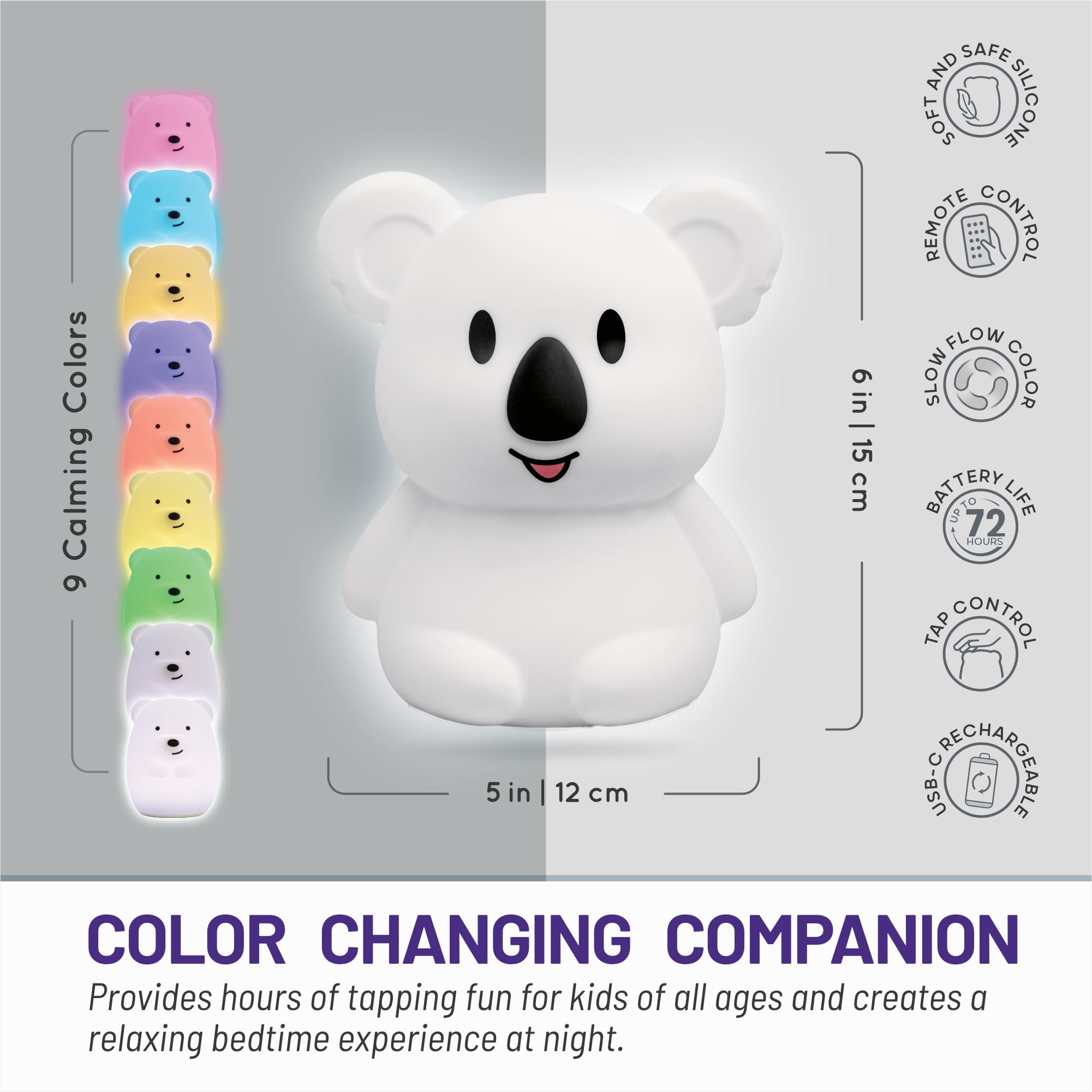 Keith Koala being tapped to switch colors demonstrates easy tap control for kids.