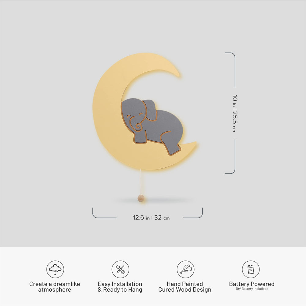 Lumipets lighted elephant on moon easy-hanging feature simplifies wall installation.