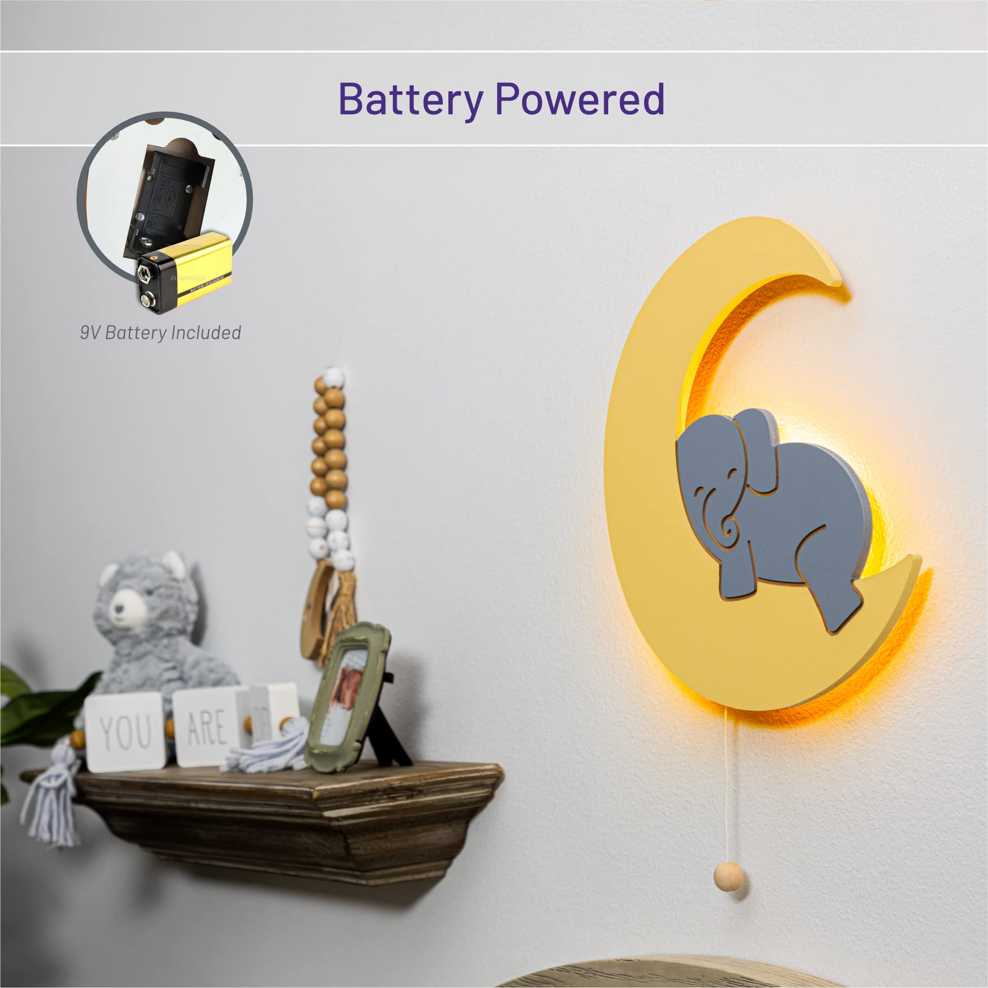 Lumipets lighted elephant on moon nursery decor that sparks imagination and calm ambiance.