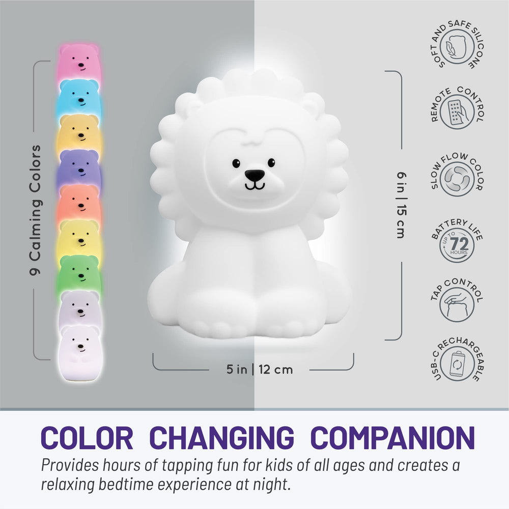 Lumipets Lion night light remote-press cycles colors for playtime.
