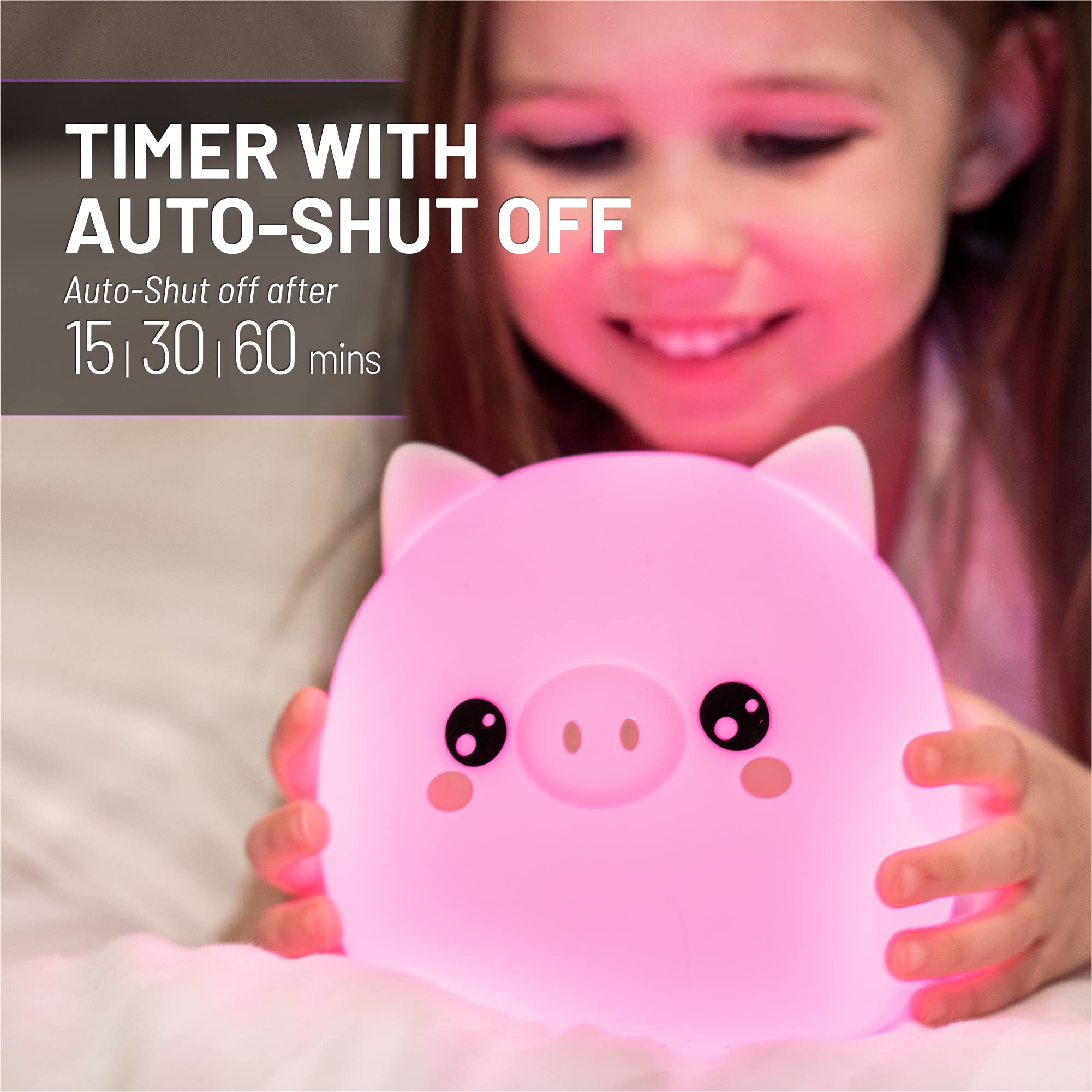 Lumipets Pig Night Light sleep timer for gentle downtime