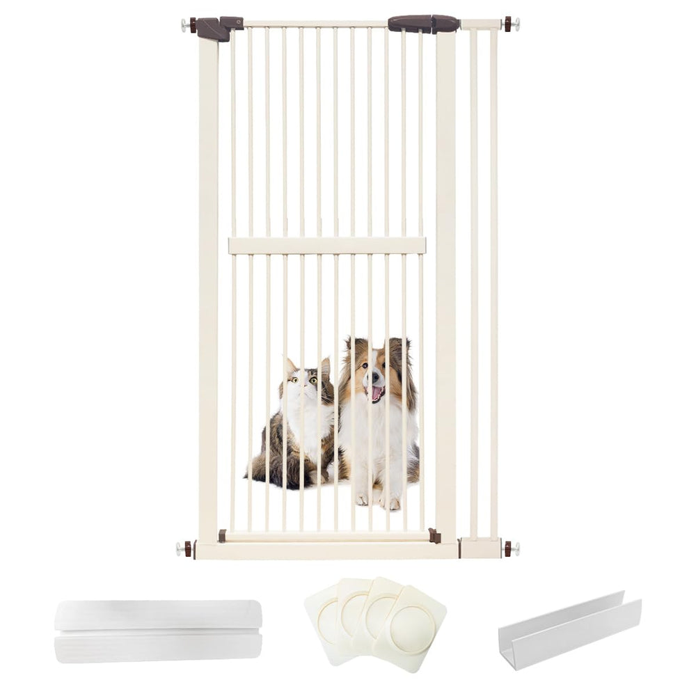 Lumizone extra tall cat gate shows 61.02-inch height for keeping pets contained in doorways.
