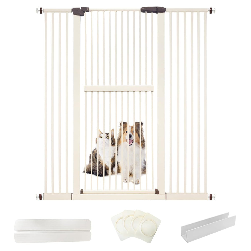 Lumizone extra tall cream cat gate front view blocks cat escapes during cooking