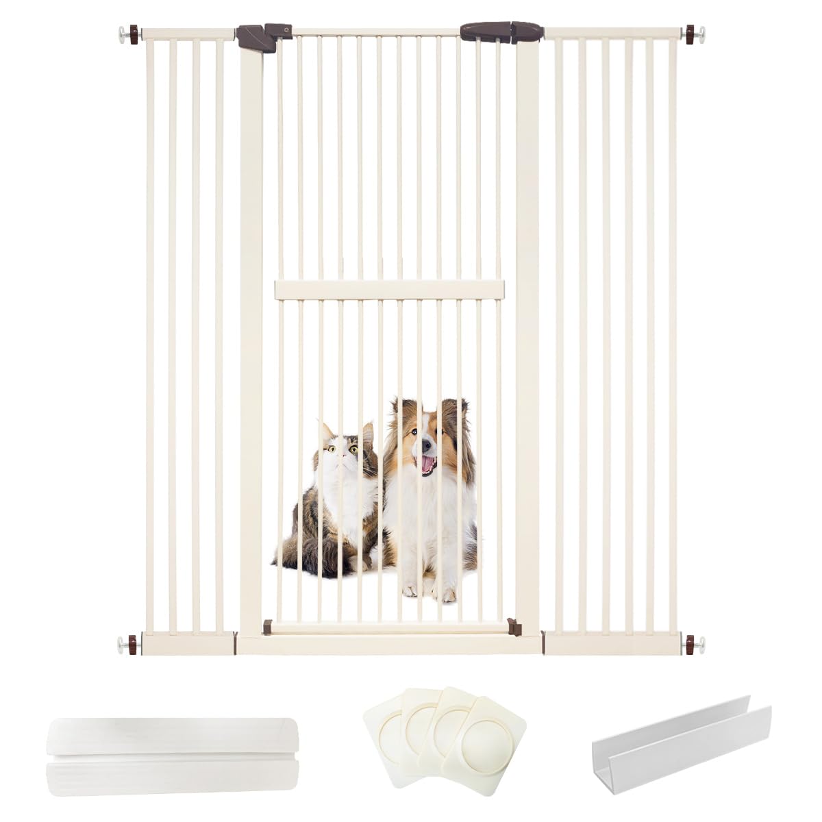 Lumizone extra tall cream cat gate front view blocks cat escapes during cooking