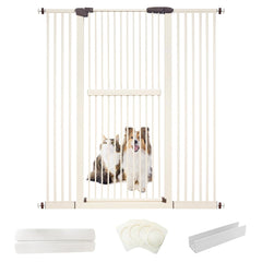 Lumizone extra tall cream cat gate front view blocks cat escapes during cooking