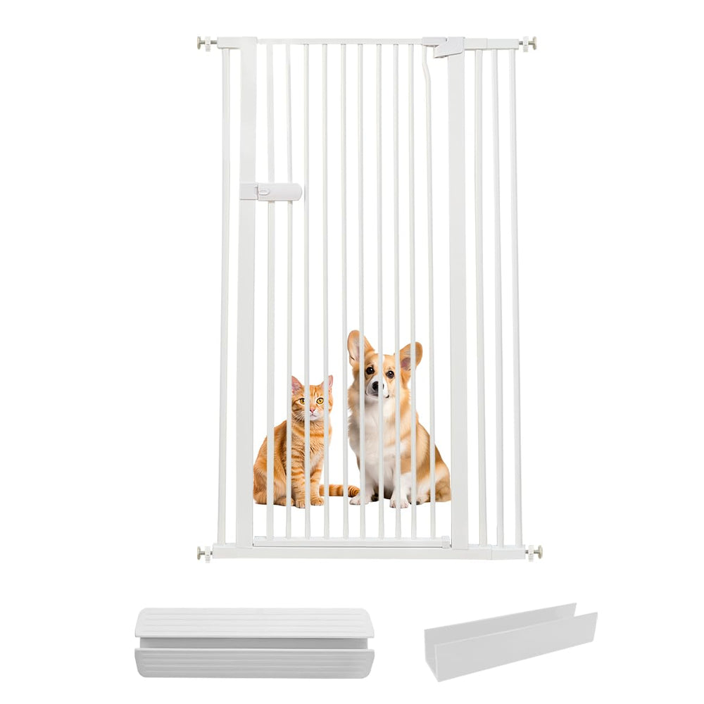 Lumizone extra tall cat gate in white, front view, helps keep curious cats contained.