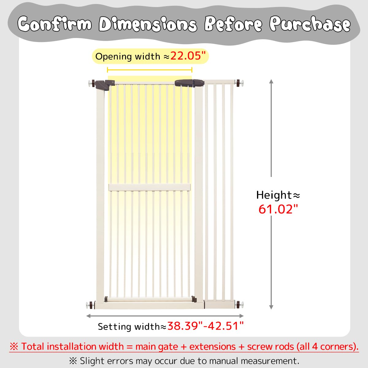 Lumizone extra tall gate width-adjusts from 38.39 to 42.51 inches.