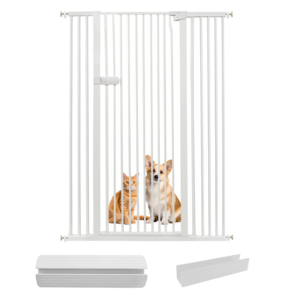 Lumizone extratall cat gate assembled, showing 55.12-inch height for escape prevention.