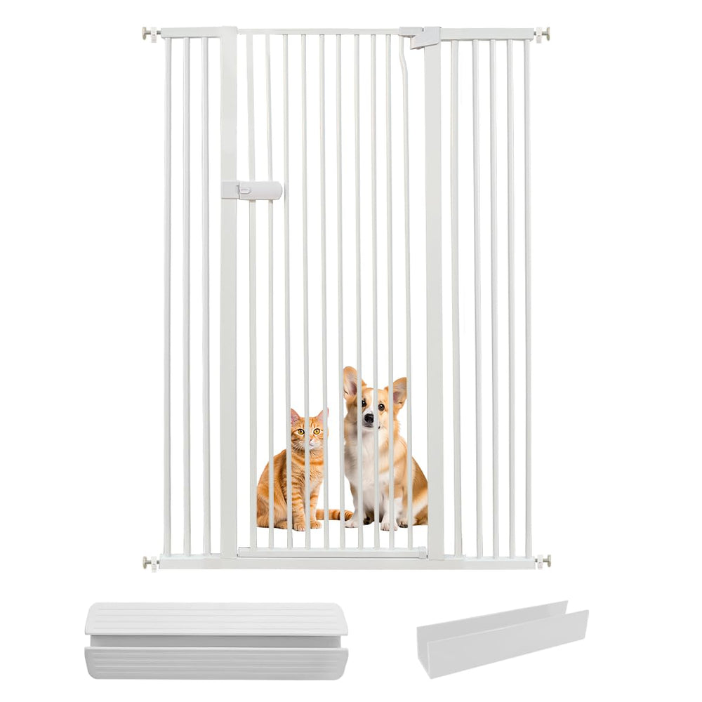 Lumizone extratall cat gate assembled, showing 55.12-inch height for escape prevention.