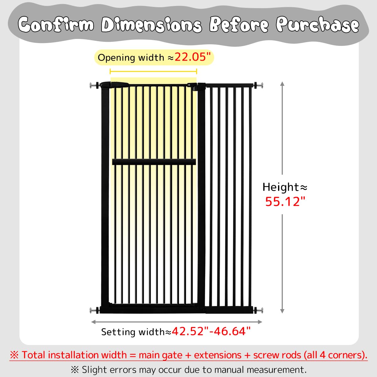 Lumizone gate width is adjustable from 42.52 to 46.64 inches.
