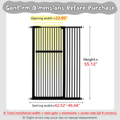 Lumizone gate width is adjustable from 42.52 to 46.64 inches.