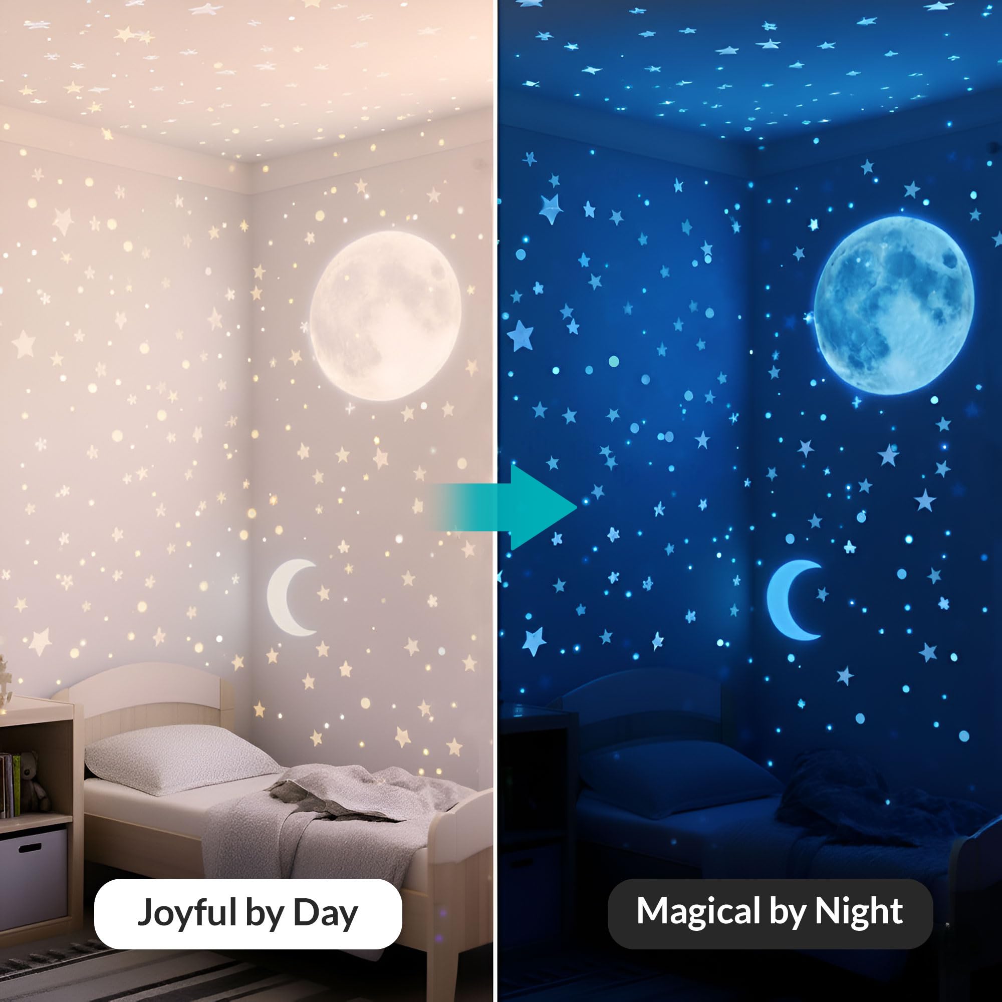 LUMOSX glow stars decals are removable and wall-safe for easy updates