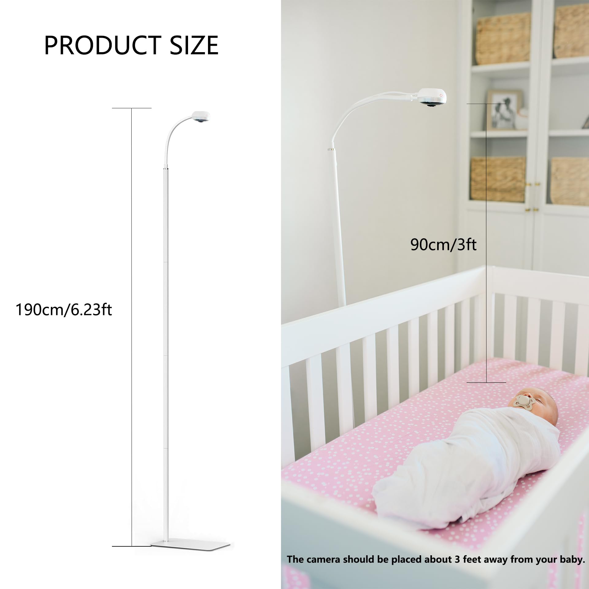 Luna Home Luna floor stand enables stable crib-side monitoring.
