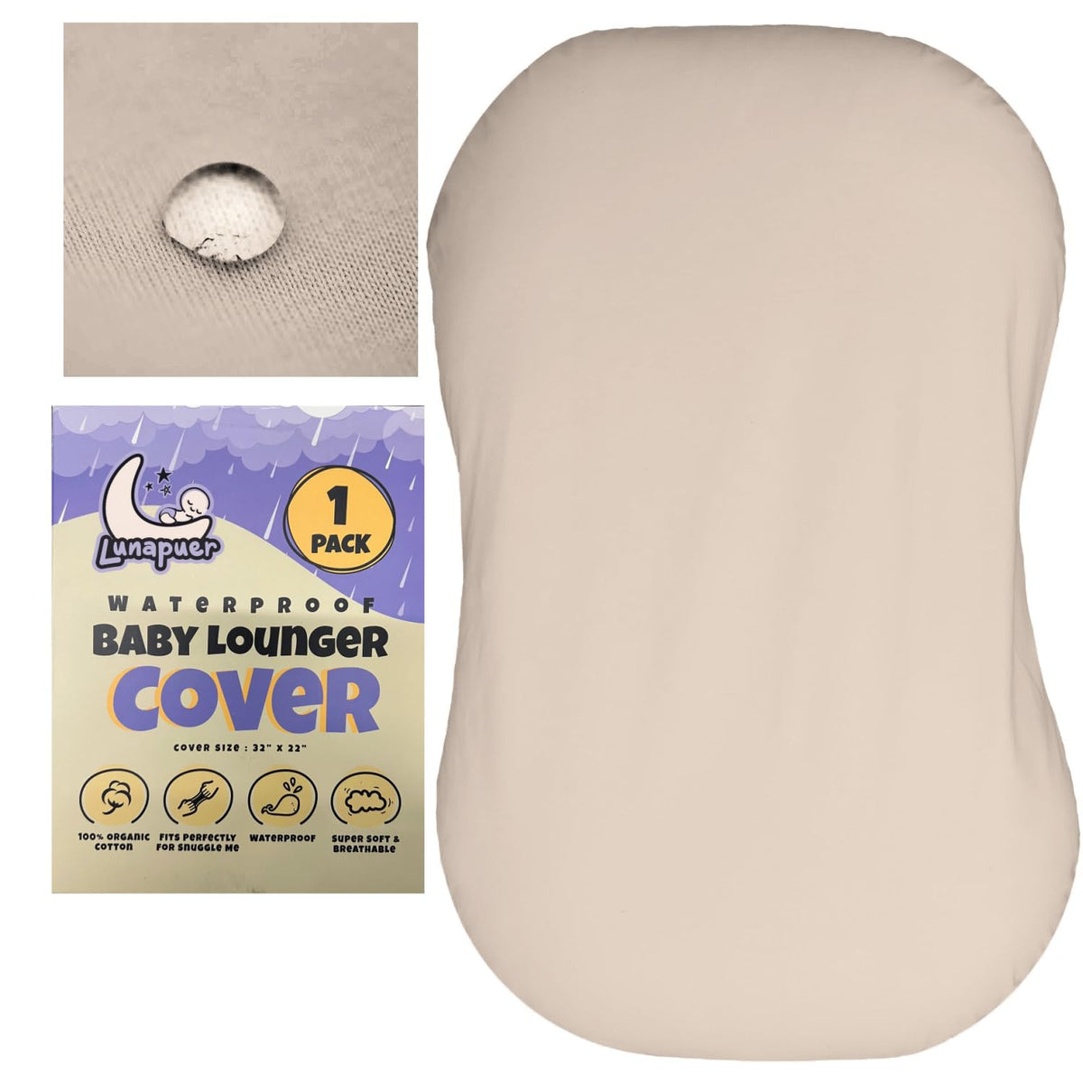 Lunapuer baby lounger cover cream closeup highlights waterproof protection for messes.