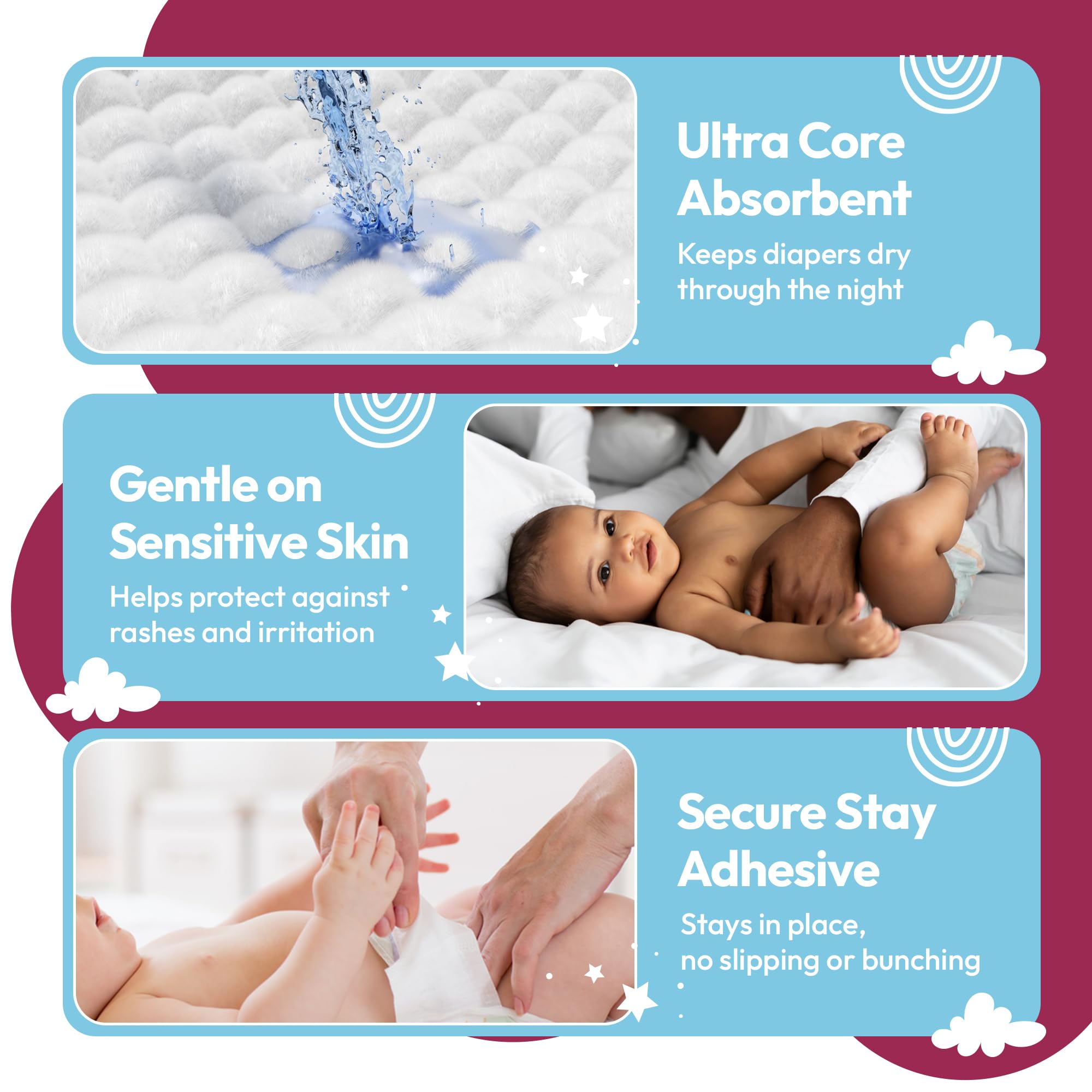 Lunapuer diaper booster pads adhesive strip for stay-in-place night use.