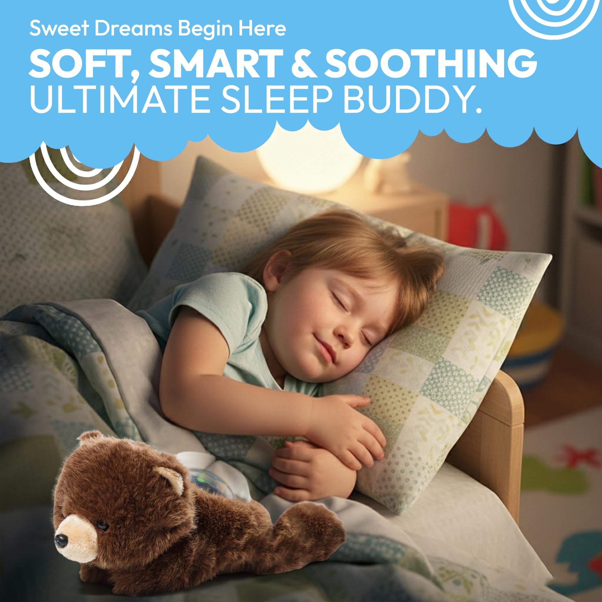 Lunapuer Sound Sleepers Bear ambient glow with night light on.
