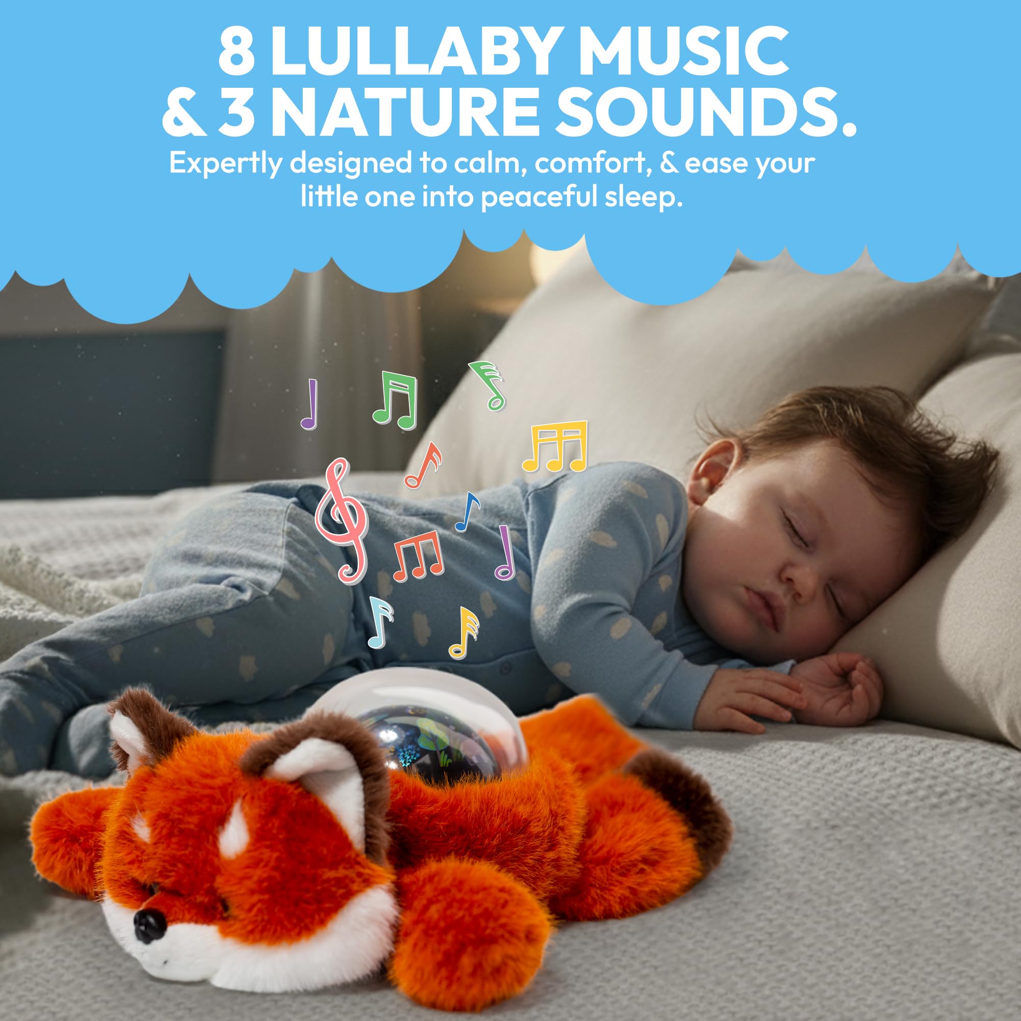 Lunapuer Sound Sleepers Fox music projection showing lullabies and nature sounds