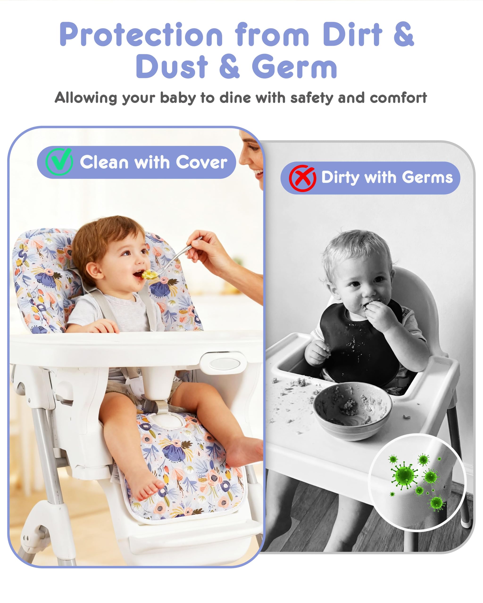 Lunobubo 5-point harness strap providing secure seating in high chair.