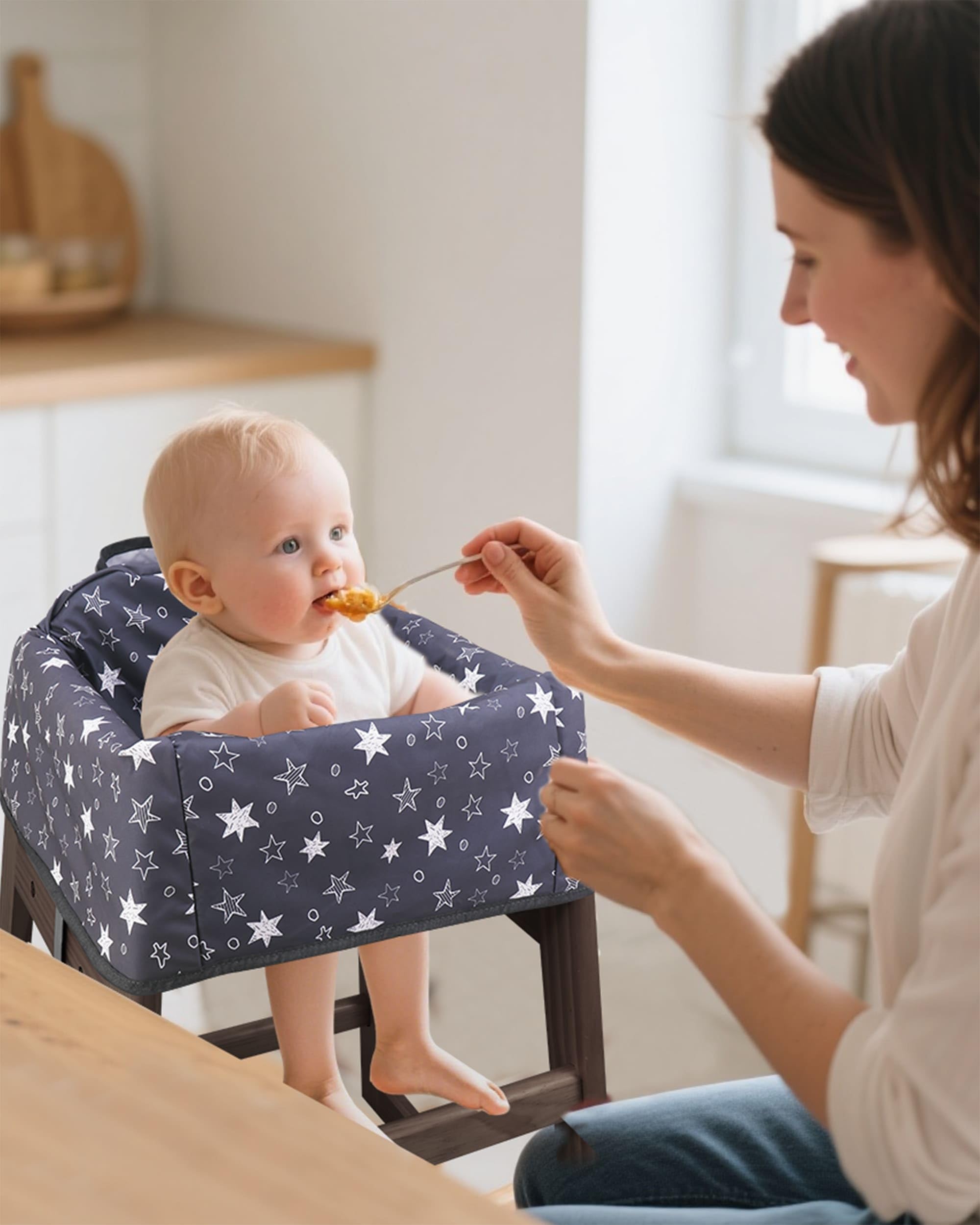 Lunobubo High Chair Cover easy-cleanup shows waterproof fabric for fast spill removal.