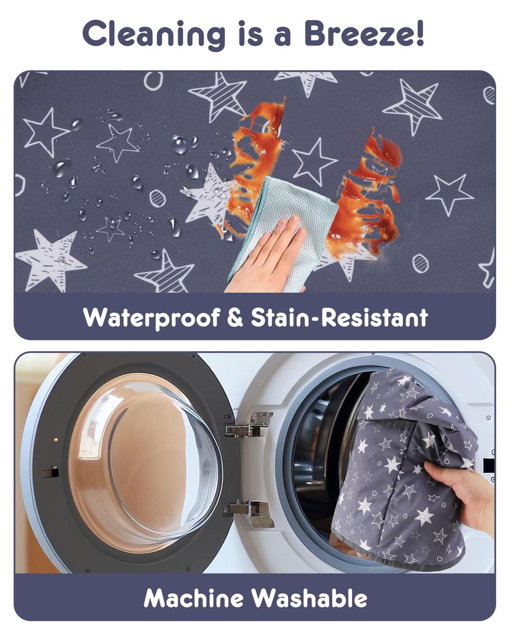 Lunobubo High Chair Cover machine-washable design simplifies cleanup after messy meals.