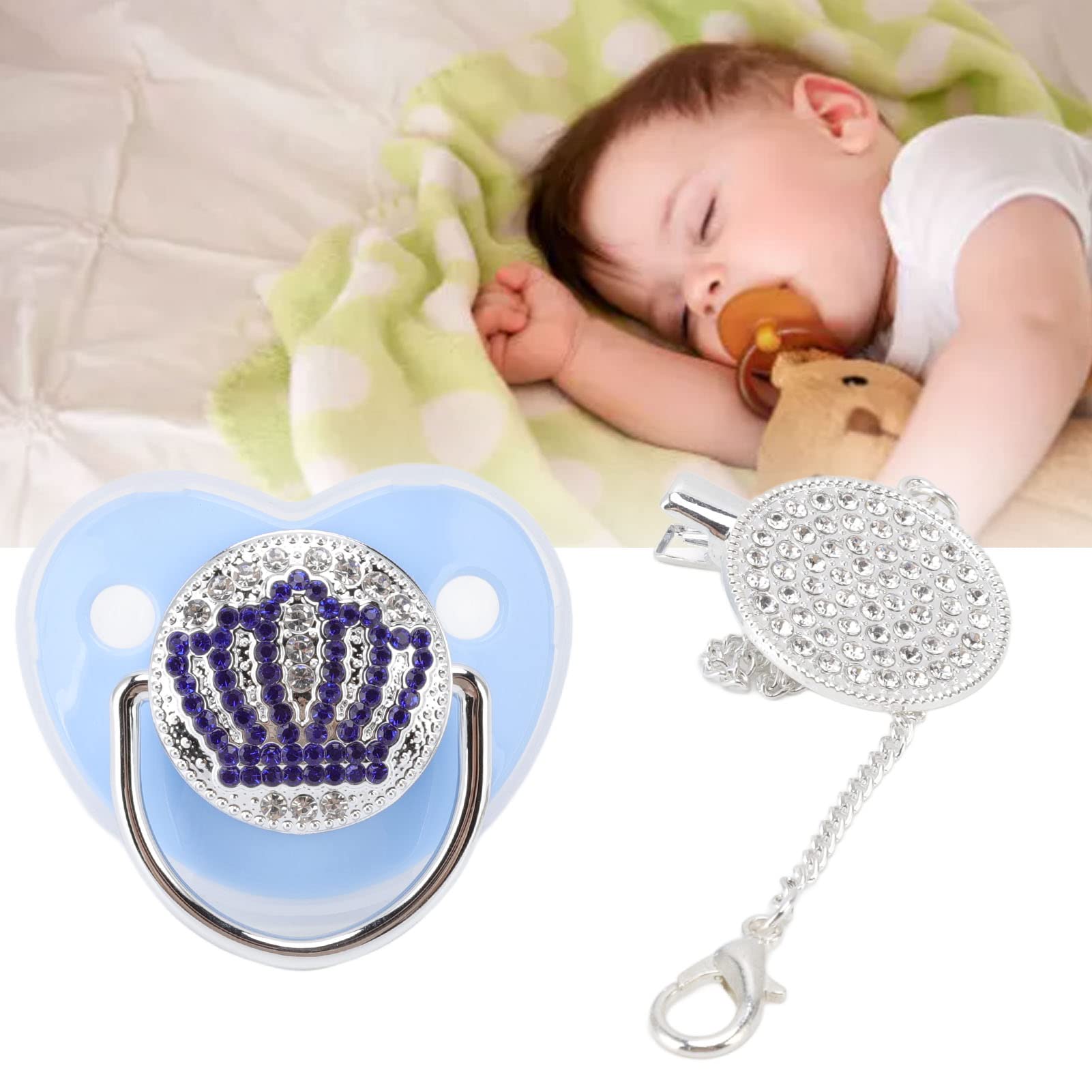 Luqeeg bling pacifier rhinestone crown closeup highlights stylish baby comfort.