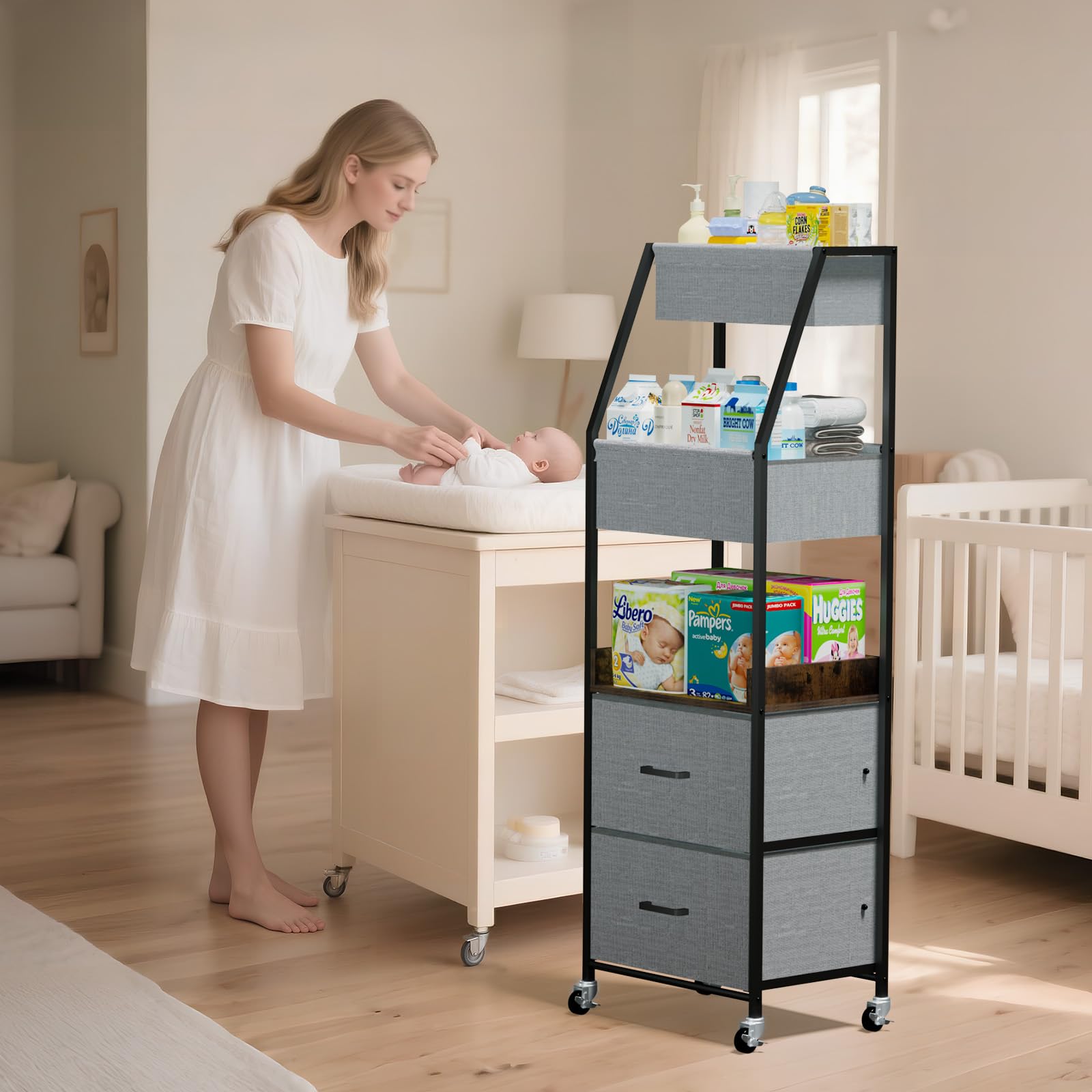 Lurgno nursery setup featuring assembled diaper cart for versatile storage