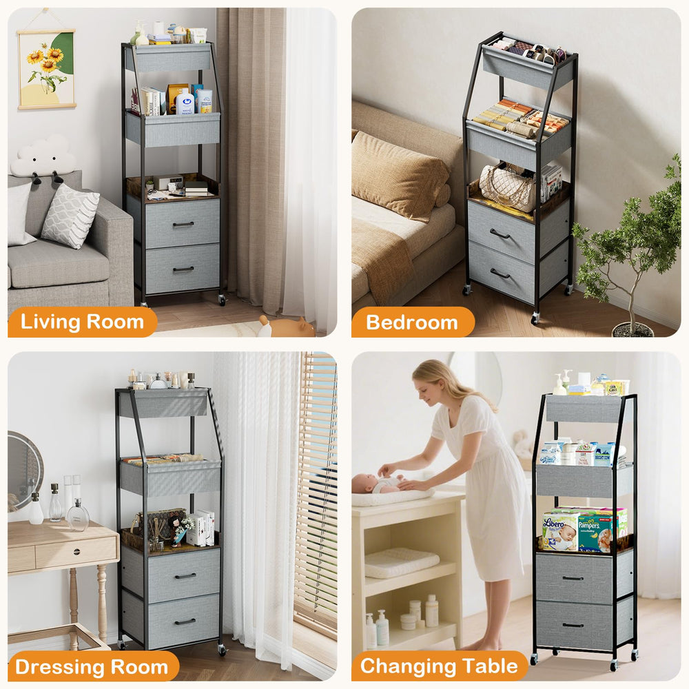 Lurgno 5-tier storage cart used for toys and clothing in nursery