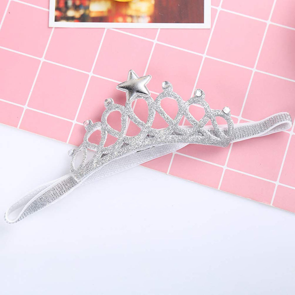 Lurrose baby girl headband silver close-up showing elastic fit for comfortable wear