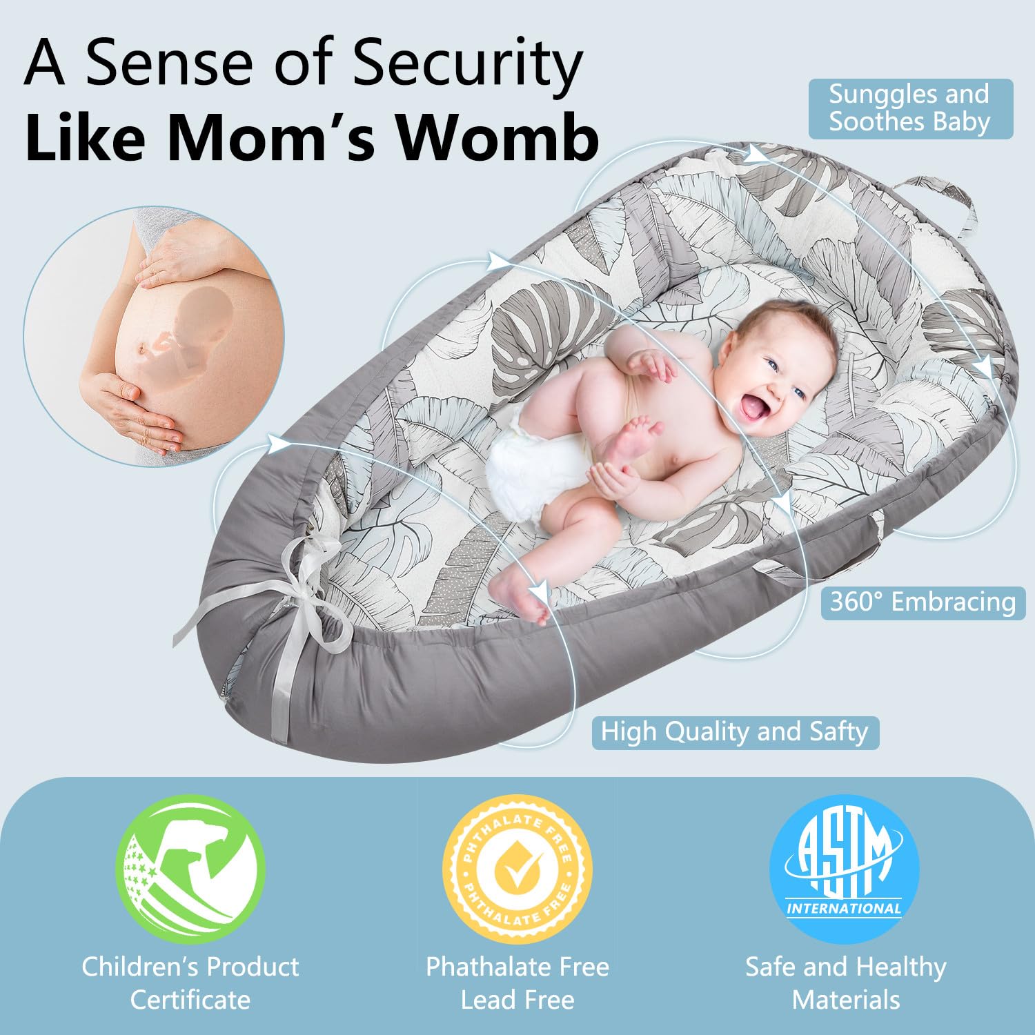 Lurui Baby Lounger adjustable sizing adapts as your baby grows.