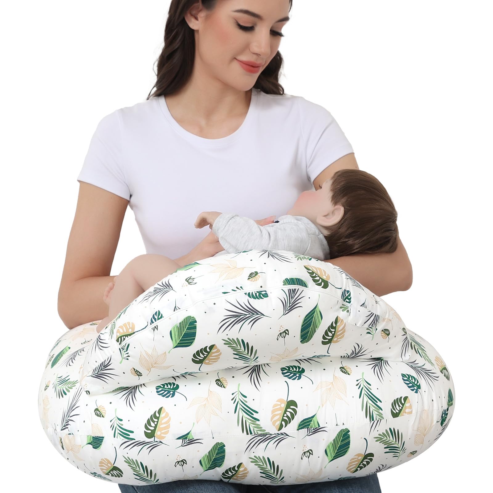 Lurui nursing pillow green leaves closeup shows soft cotton cover