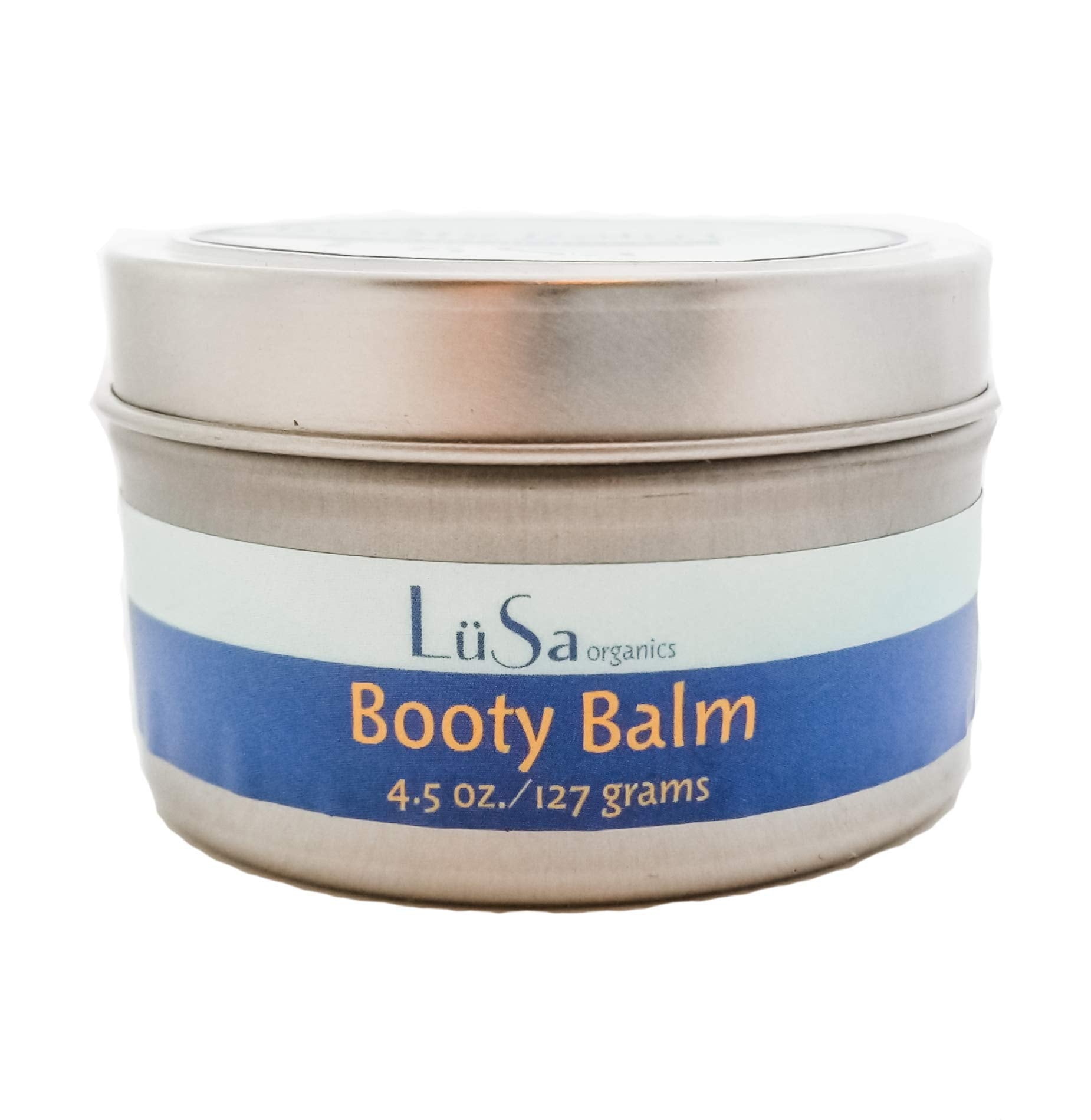 Lusa Organics Booty Balm tin closeup for soothing baby skin and diaper rash relief.