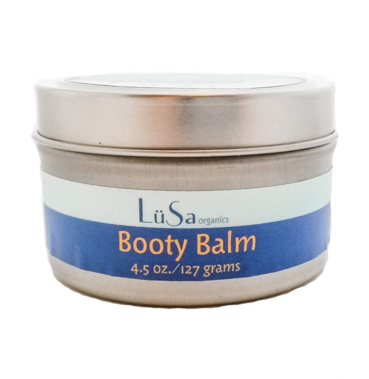 Lusa Organics Booty Balm tin closeup for soothing baby skin and diaper rash relief.