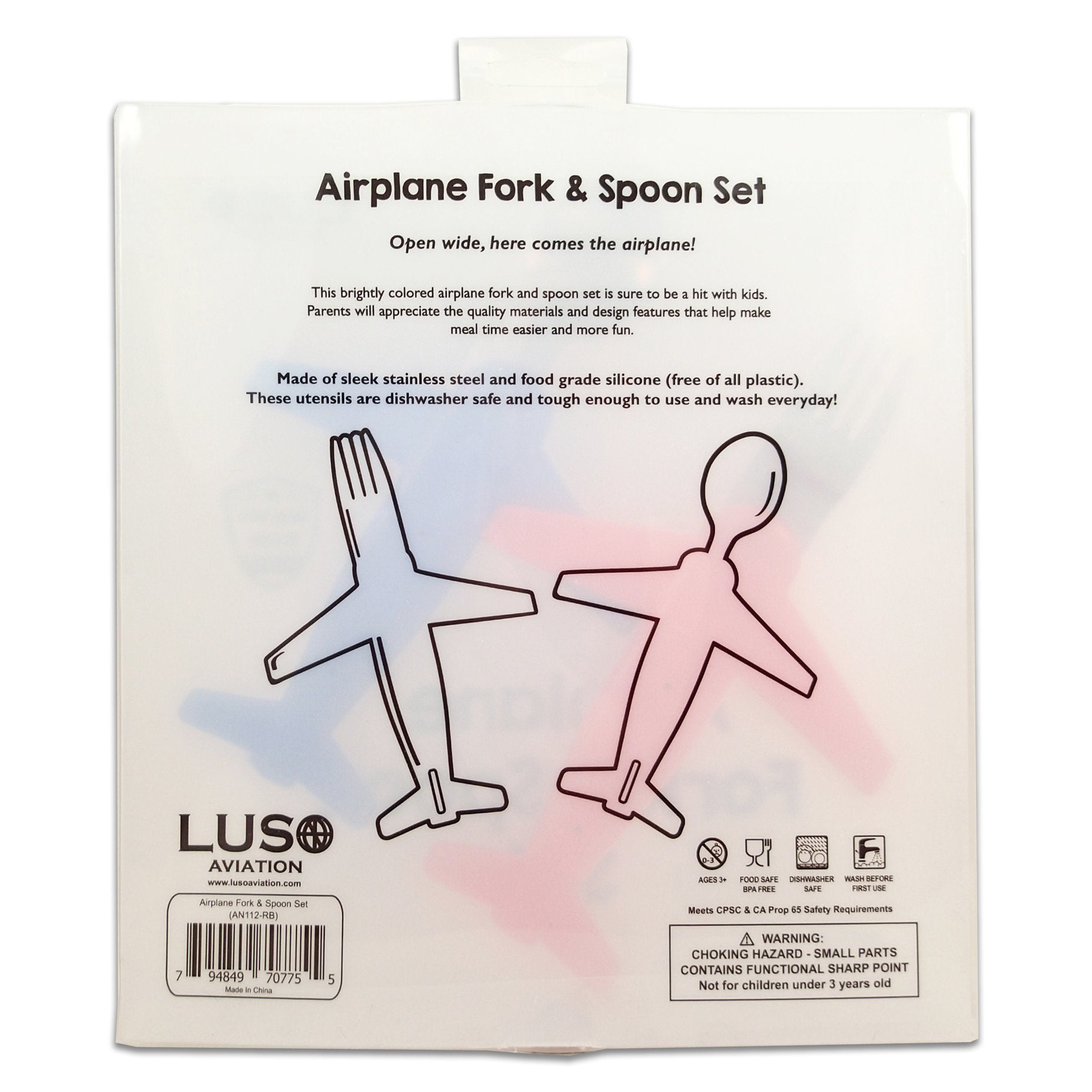 Luso Aviation Kids Airplane Fork and Spoon Set color palette and safety features support confident self-feeding