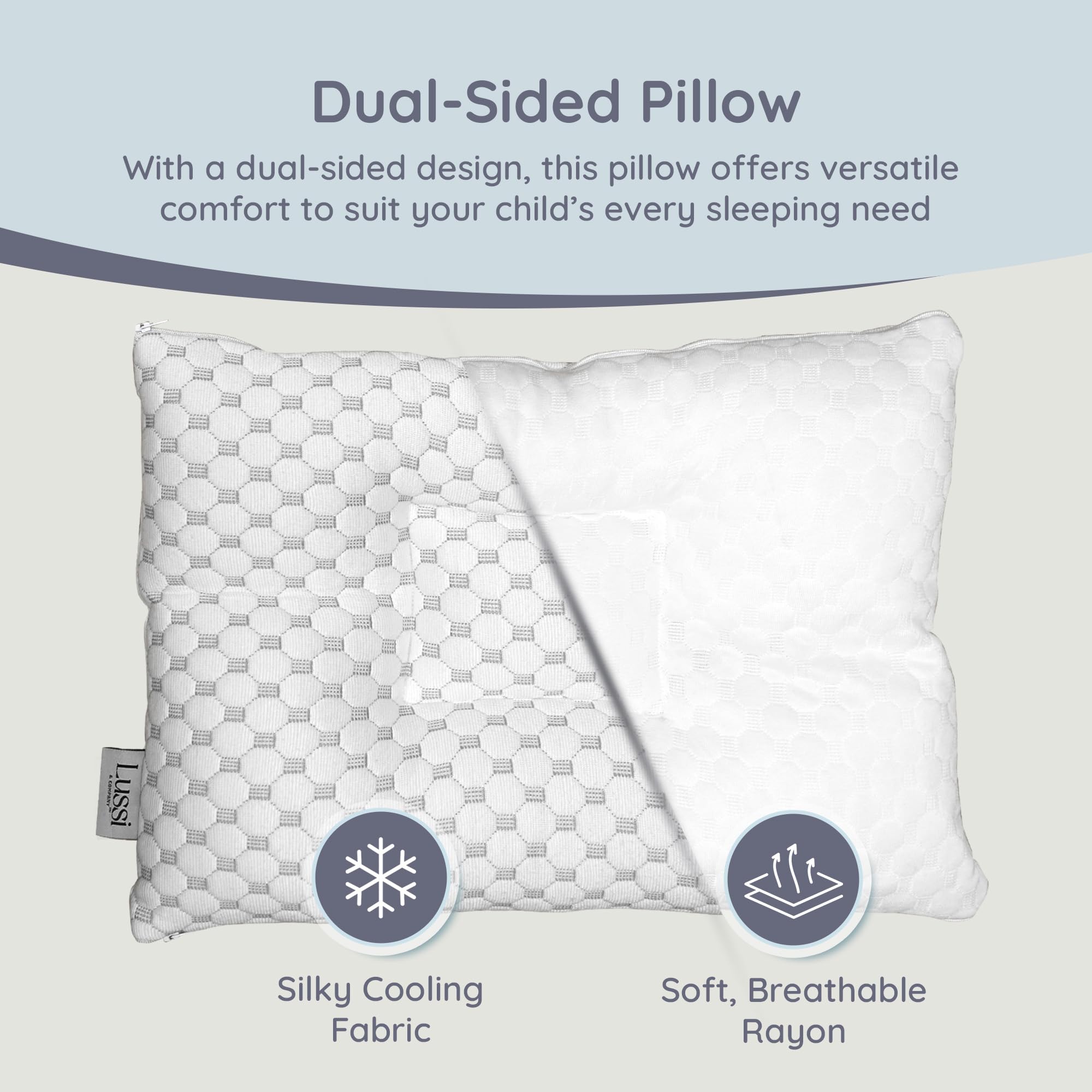 Lussi & Company pillow for hot sleepers shown with cooling side option.