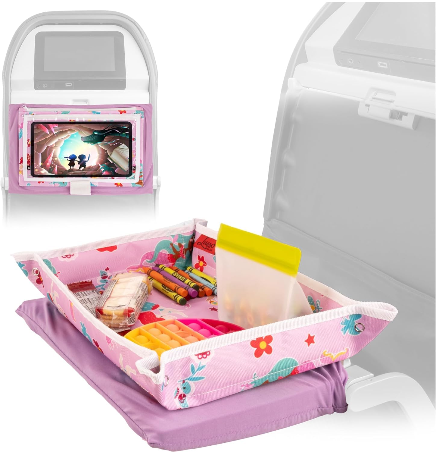 Lusso Gear airplane tray cover with pockets and tablet holder keeps snacks within reach during flights.
