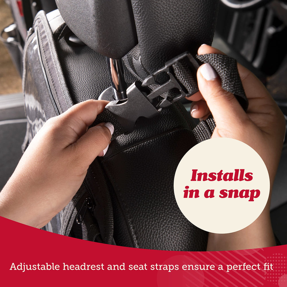 Lusso Gear backseat organizer tan wipe-clean surface makes cleaning quick and simple.